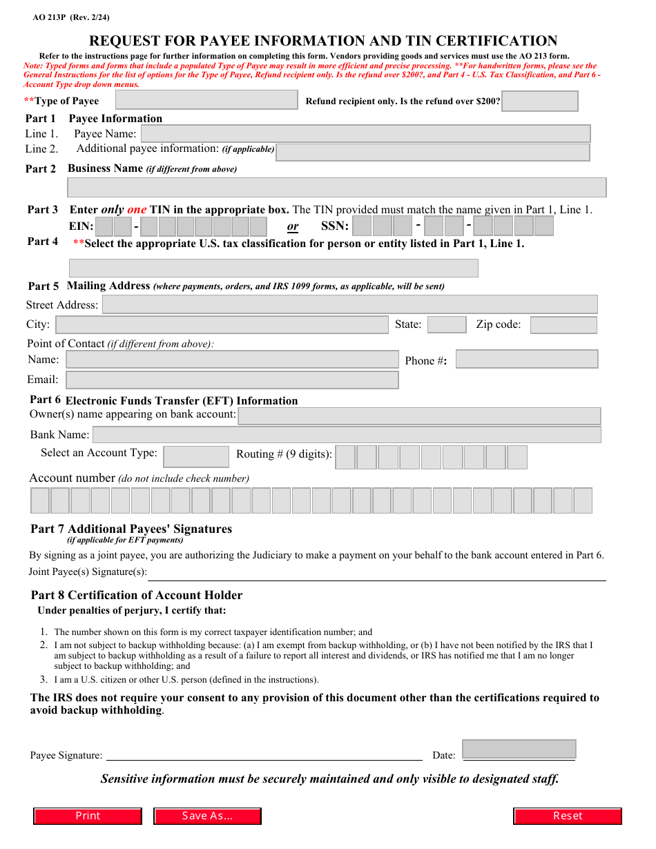 Form AO213P Request for Payee Information and Tin Certification, Page 1