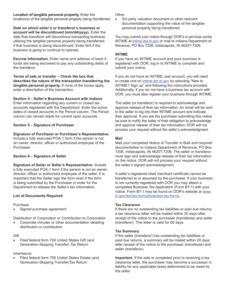 Instructions for State Form 57309 Notice of Transfer in Bulk - Indiana, Page 2