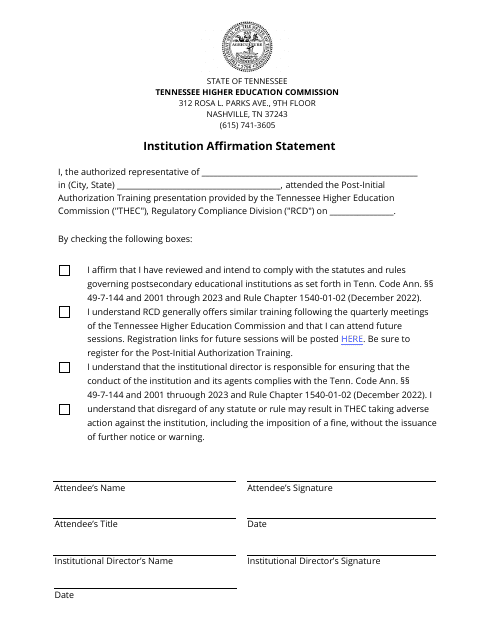 Institution Affirmation Statement - Tennessee