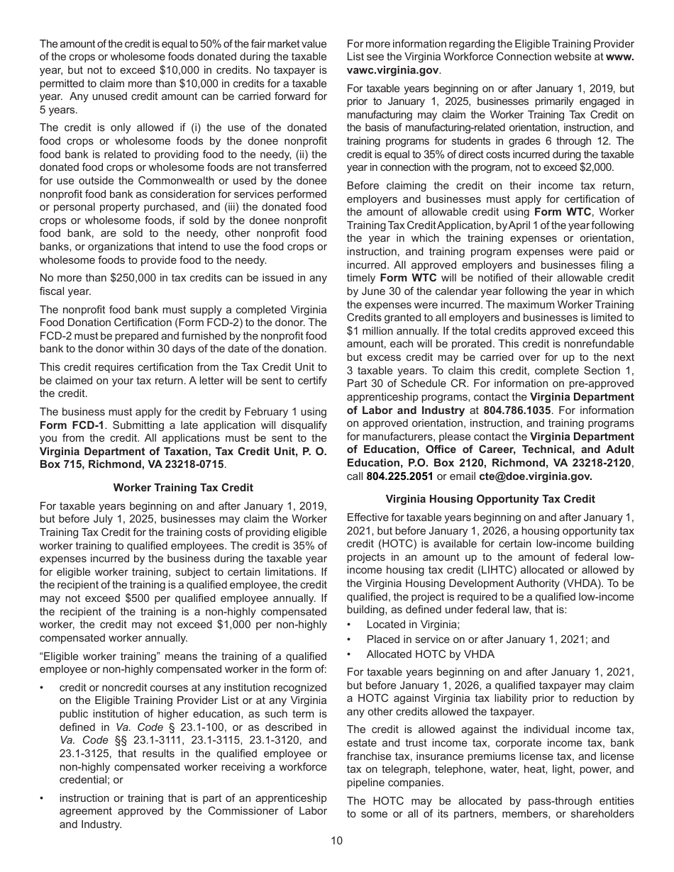 Instructions for Schedule CR Credit Computation Schedule - Virginia, Page 10