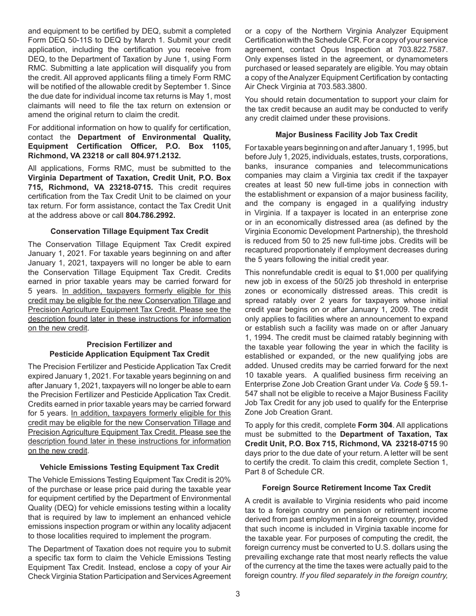 Instructions for Schedule CR Credit Computation Schedule - Virginia, Page 3
