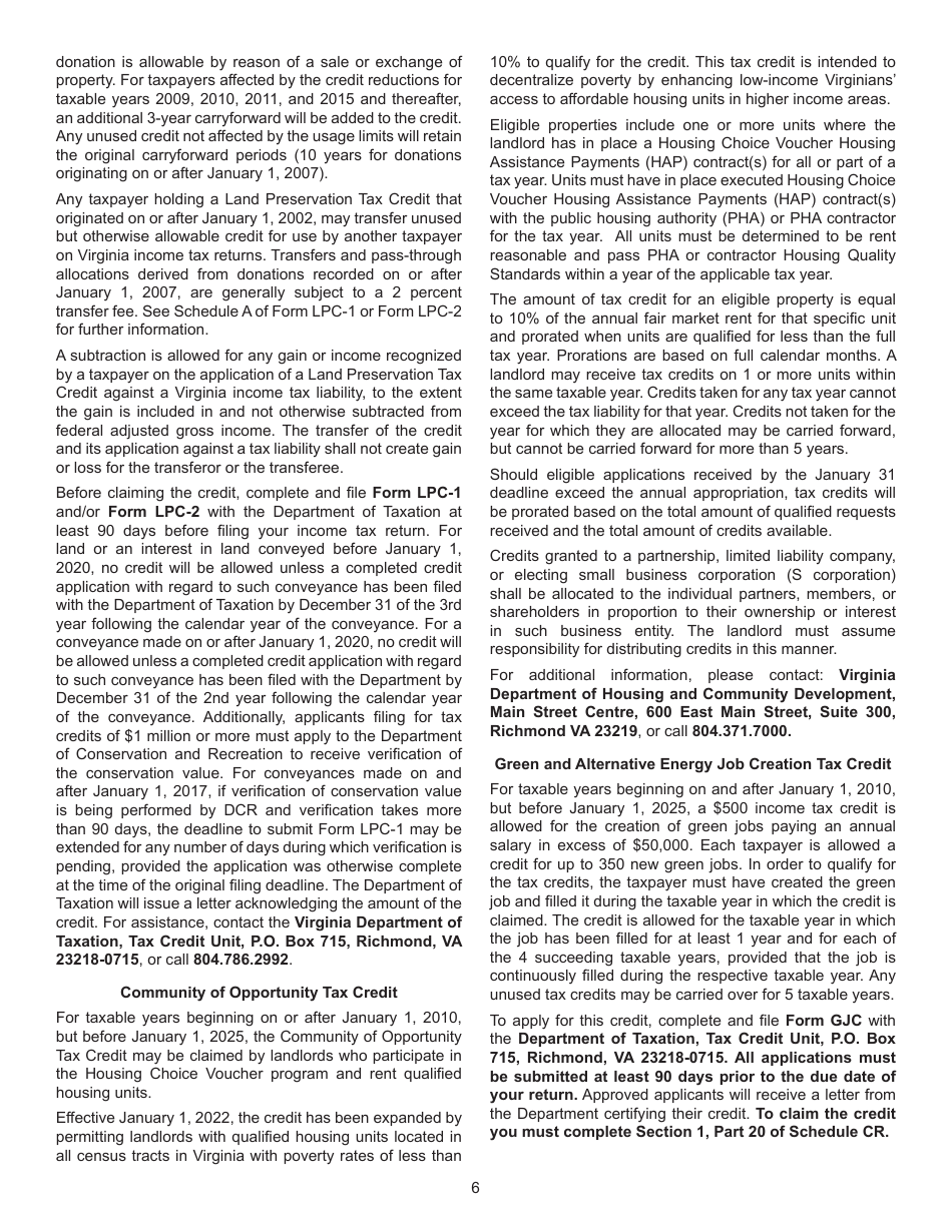 Instructions for Schedule CR Credit Computation Schedule - Virginia, Page 6