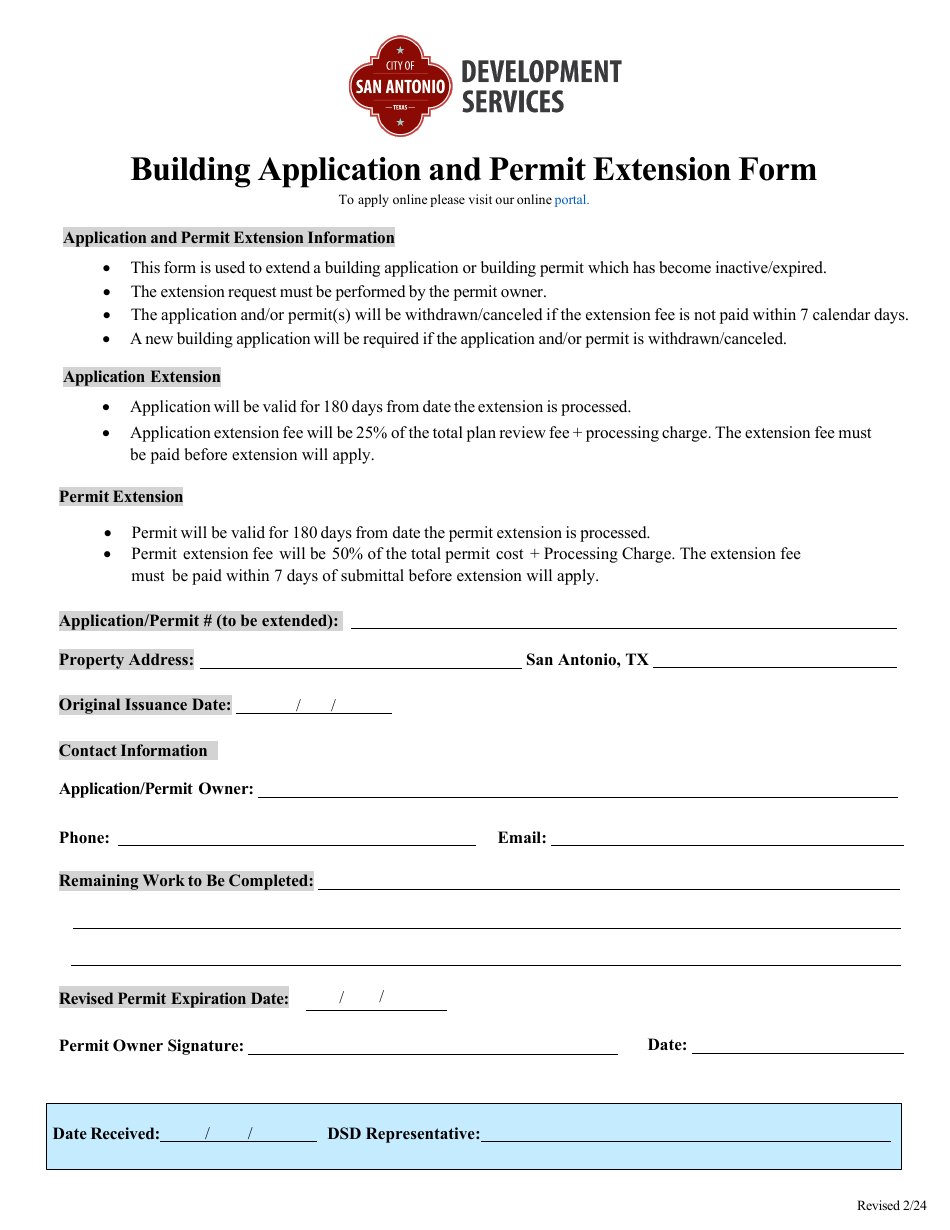 Building Permit Extension and Trade Completion Permit Application - City of San Antonio, Texas, Page 1