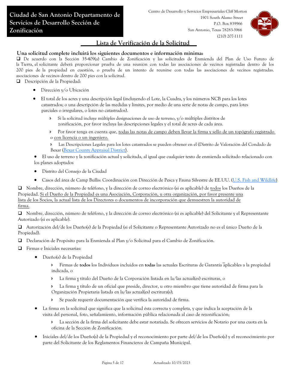 Solicitud Para Cambio De Zonificacion / Enmienda De Plan - City of San Antonio, Texas (Spanish), Page 5