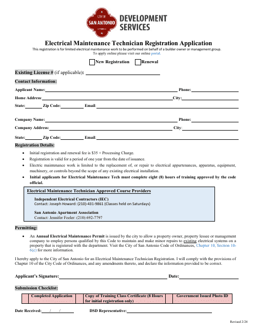 Electrical Maintenance Technician Registration Application - City of San Antonio, Texas