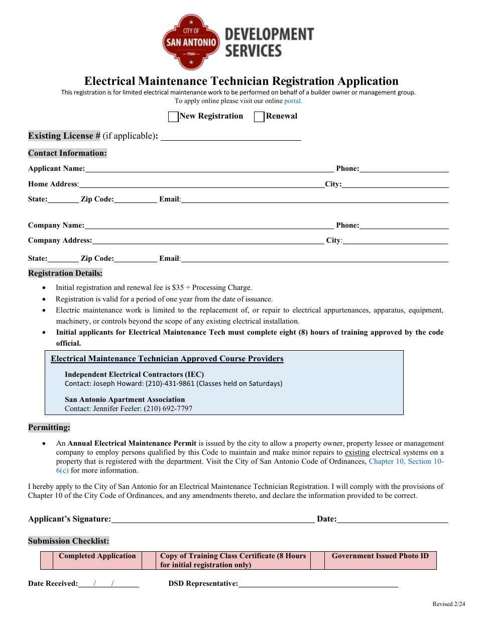 Electrical Maintenance Technician Registration Application - City of San Antonio, Texas, Page 1