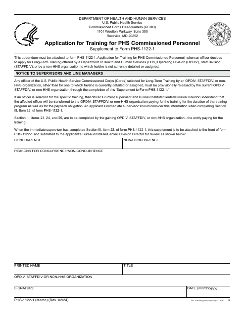 Form PHS-1122-1 Application for Training for Phs Commissioned Personnel - Cover Memo