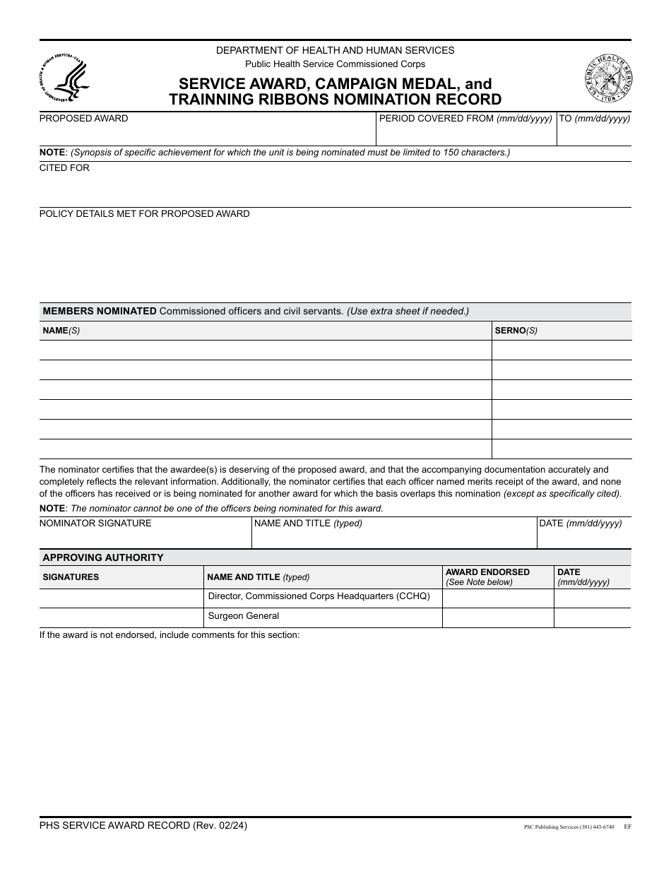 Service Award, Campaign Medal, and Trainning Ribbons Nomination Record, Page 1