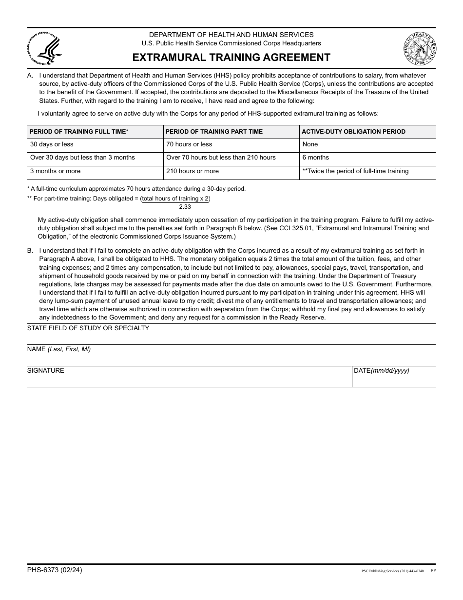 Form PHS-6373 Extramural Training Agreement, Page 1