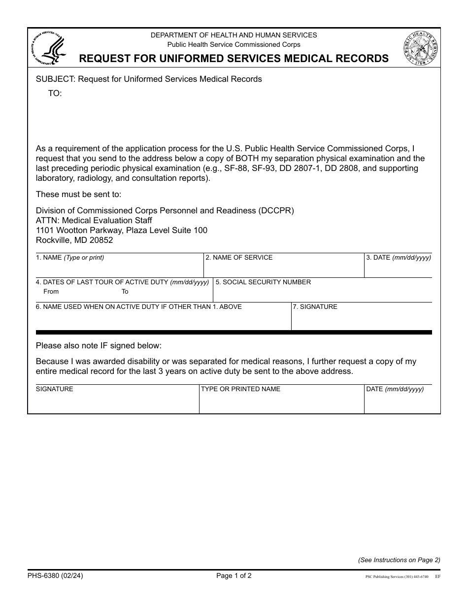 Form PHS-6380 Request for Uniformed Services Medical Records, Page 1