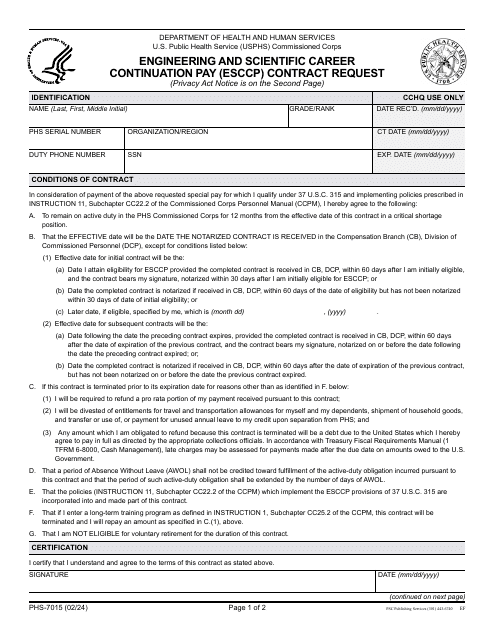 Form PHS-7015 Engineering and Scientific Career Continuation Pay (Esccp) Contract Request