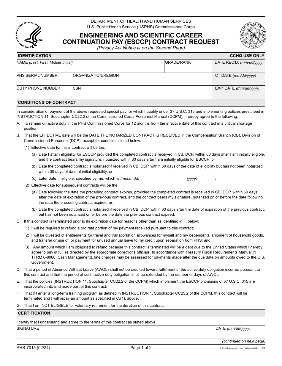 Form PHS-7015 Engineering and Scientific Career Continuation Pay (Esccp) Contract Request, Page 1