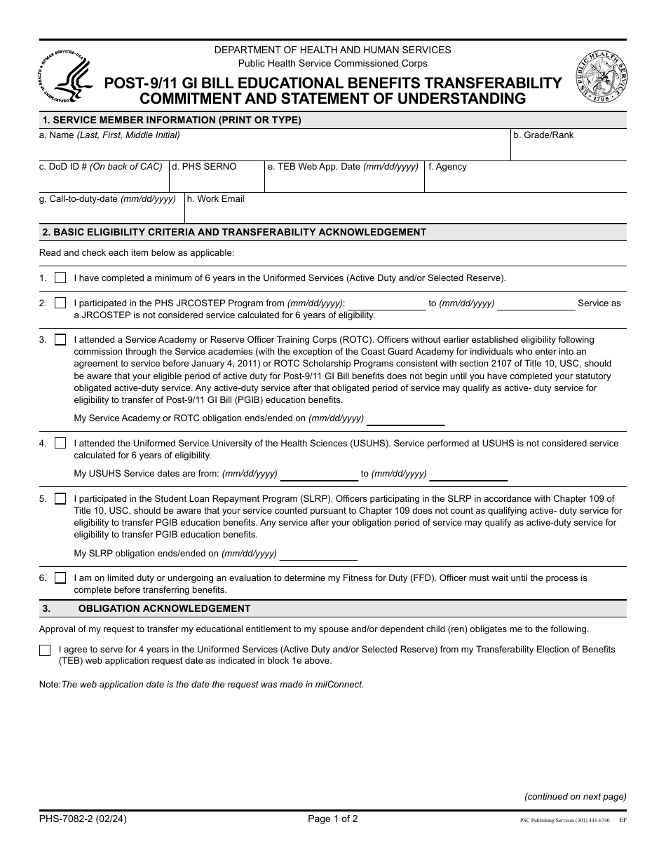 Form PHS-7082-2 Post-9 / 11 Gi Bill Educational Benefits Transferability Commitment and Statement of Understanding, Page 1
