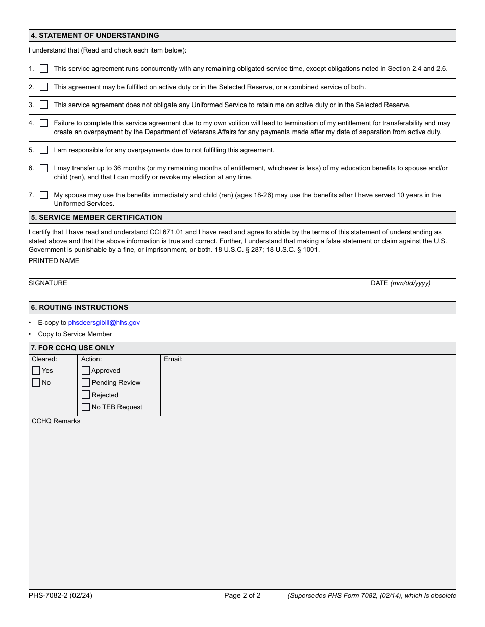 Form PHS-7082-2 Post-9 / 11 Gi Bill Educational Benefits Transferability Commitment and Statement of Understanding, Page 2