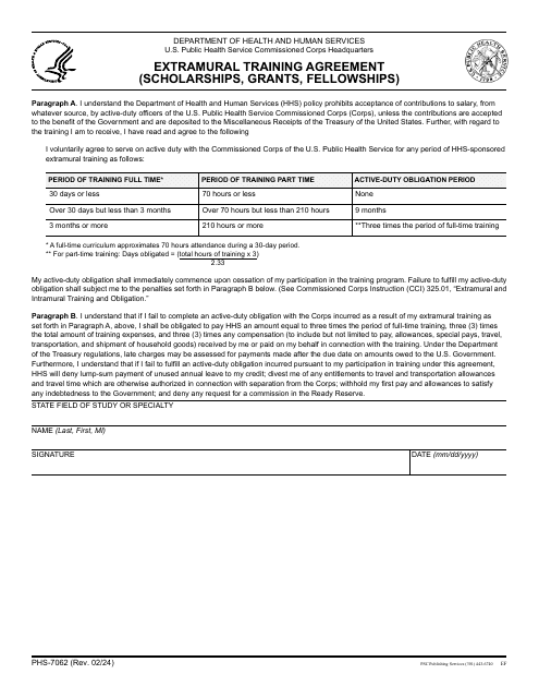 Form PHS-7062 Extramural Training Agreement (Scholarships, Grants, Fellowships)