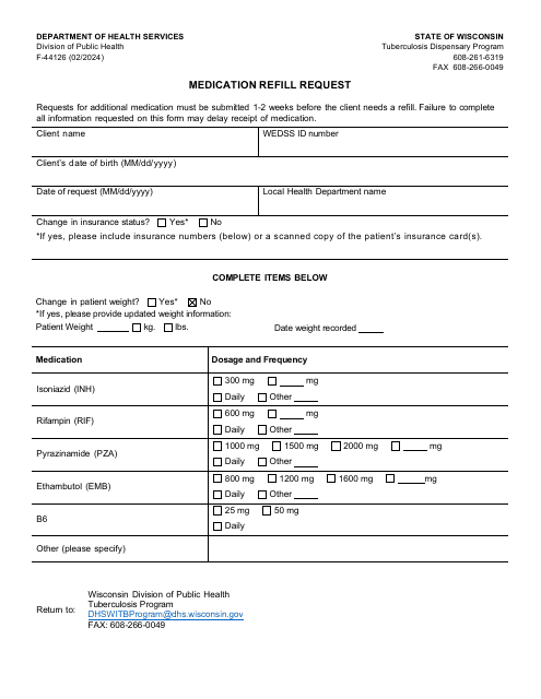 Form F-44126 Medication Refill Request - Wisconsin