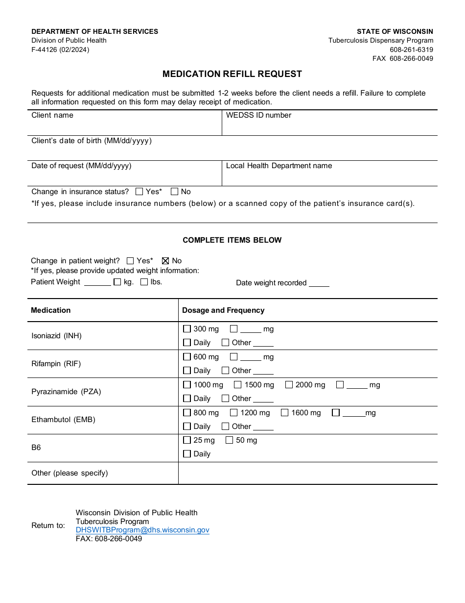 Form F-44126 Medication Refill Request - Wisconsin, Page 1