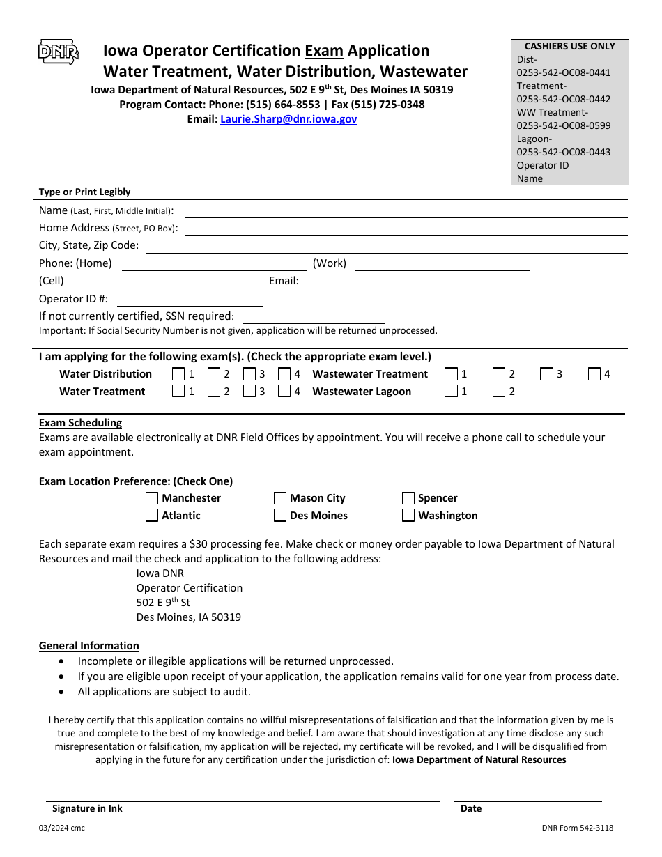 DNR Form 542-3118 Iowa Operator Certification Exam Application - Water Treatment, Water Distribution, Wastewater - Iowa, Page 1
