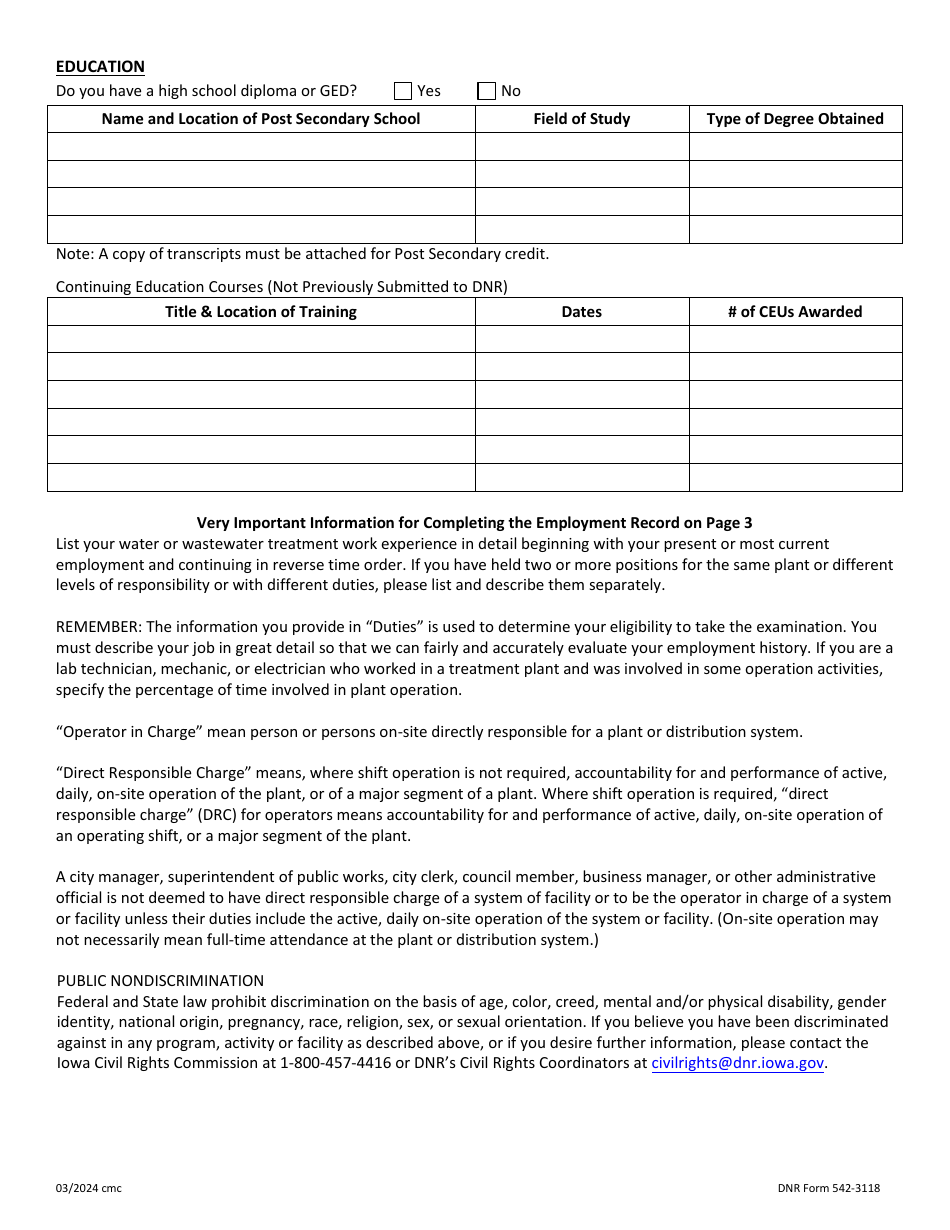 DNR Form 542-3118 Iowa Operator Certification Exam Application - Water Treatment, Water Distribution, Wastewater - Iowa, Page 2