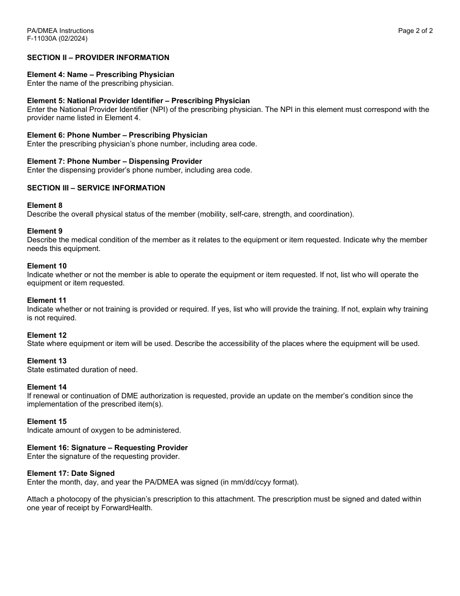 Instructions for Form F-11030 Prior Authorization / Durable Medical Equipment Attachment (Pa / Dmea) - Wisconsin, Page 2