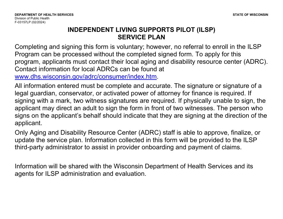 Form F-03157LP Independent Living Supports Pilot (Ilsp) Service Plan - Large Print - Wisconsin, Page 1