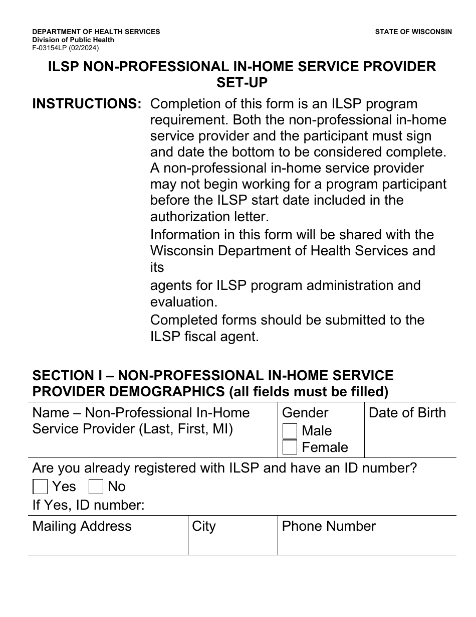 Form F-03154LP Ilsp Non-professional in-Home Service Provider Set-Up - Large Print - Wisconsin, Page 1