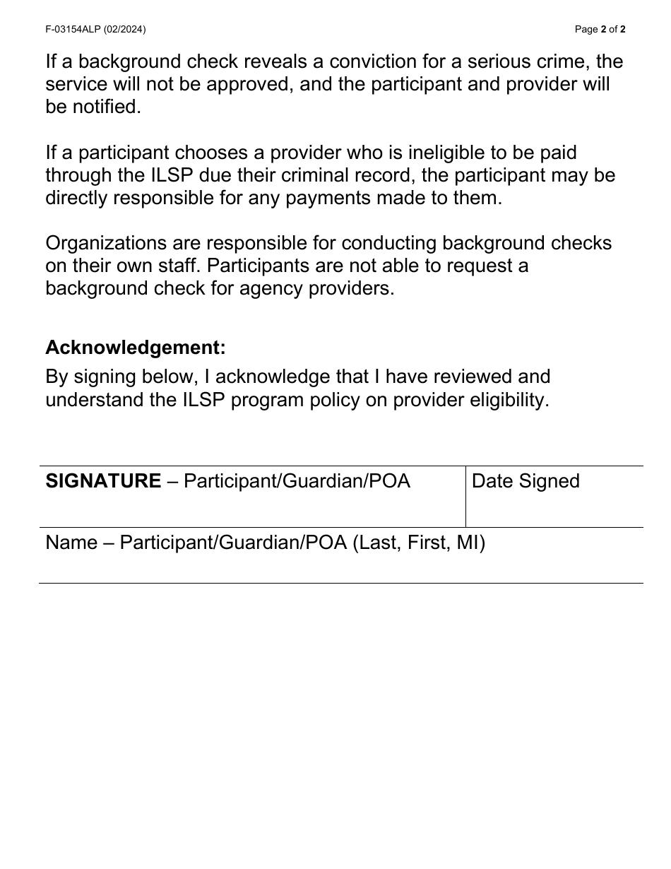 Form F-03154ALP Ilsp Participant Acknowledgement of Non-professional in-Home Service Provider and Individual Provider Eligibility - Large Print - Wisconsin, Page 2