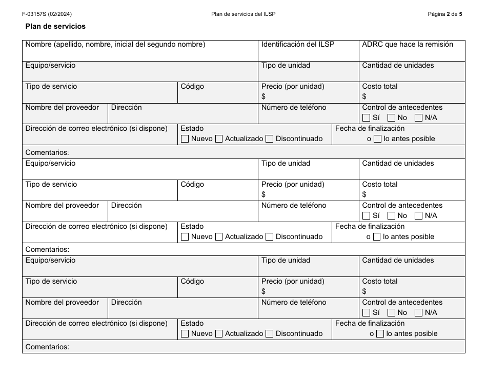 Formulario F-03157S Plan De Servicios Del Independent Living Supports Pilot (Piloto De Apoyos Para Una Vida Independiente, Ilsp) - Wisconsin (Spanish), Page 2