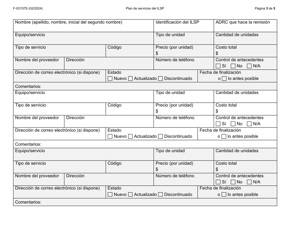 Formulario F-03157S Plan De Servicios Del Independent Living Supports Pilot (Piloto De Apoyos Para Una Vida Independiente, Ilsp) - Wisconsin (Spanish), Page 3