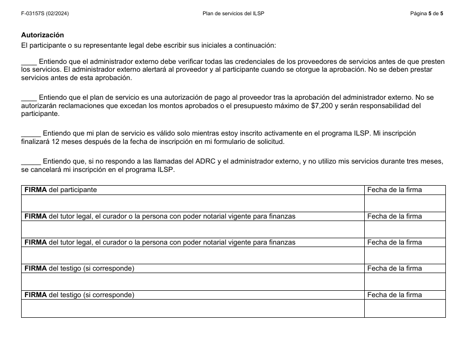 Formulario F-03157S Plan De Servicios Del Independent Living Supports Pilot (Piloto De Apoyos Para Una Vida Independiente, Ilsp) - Wisconsin (Spanish), Page 5