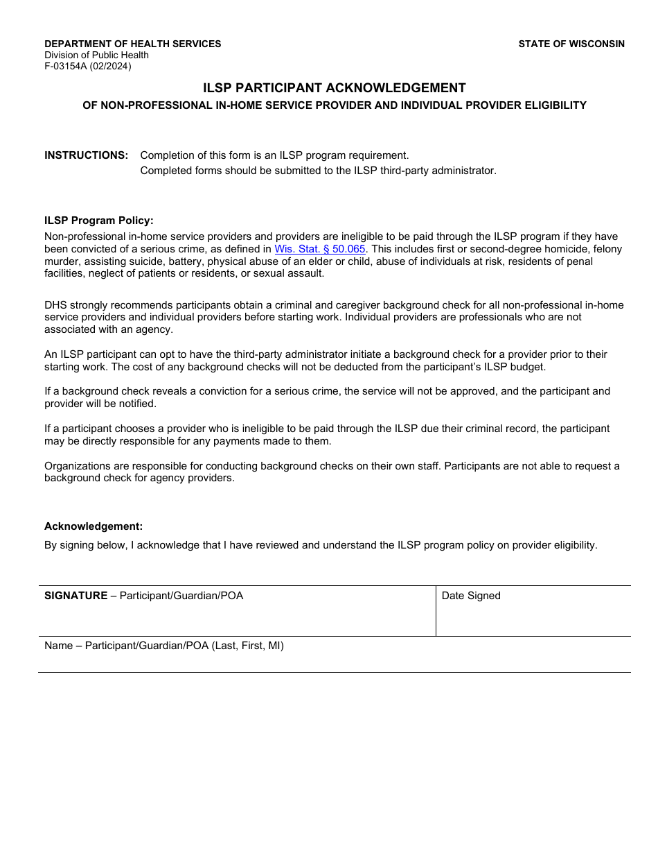 Form F-03154A Ilsp Participant Acknowledgement of Non-professional in-Home Service Provider and Individual Provider Eligibility - Wisconsin, Page 1