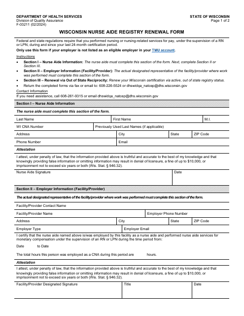 Form F-03211 Wisconsin Nurse Aide Registry Renewal Form - Wisconsin
