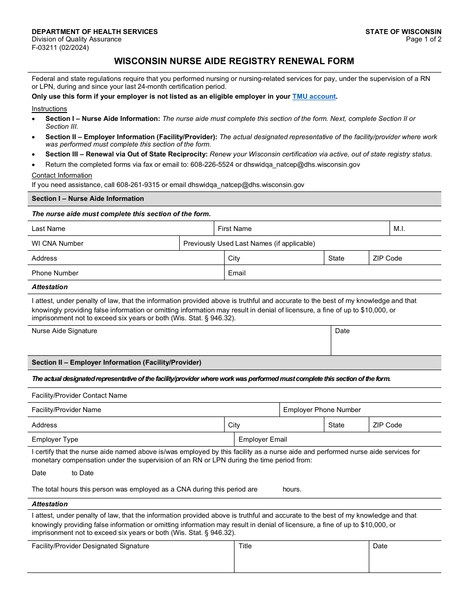 Form F-03211 Wisconsin Nurse Aide Registry Renewal Form - Wisconsin, Page 1