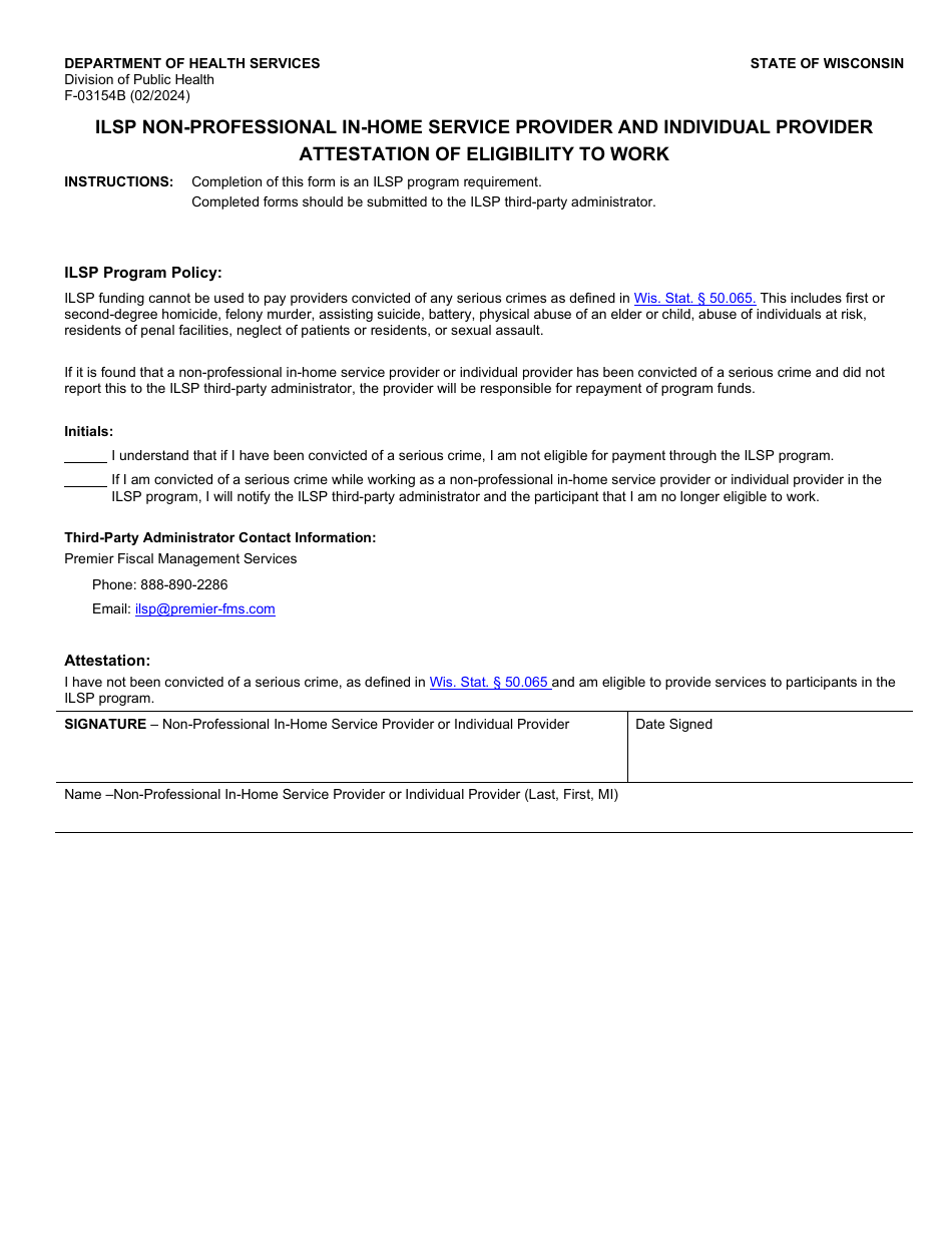 Form F-03154B Ilsp Non-professional in-Home Service Provider and Individual Provider Attestation of Eligibility to Work - Wisconsin, Page 1