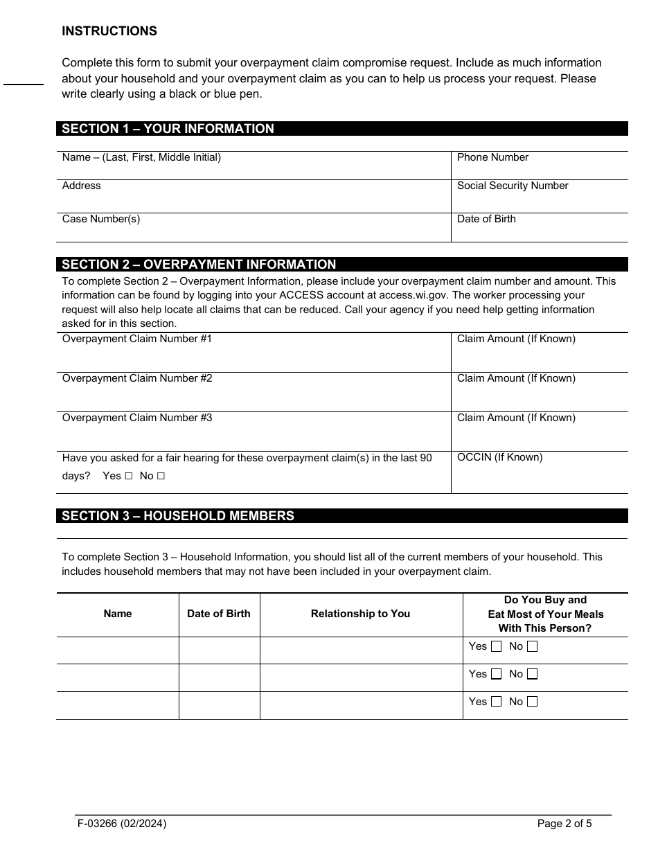 Form F-03266 Request to Lower Your Foodshare Overpayment - Wisconsin, Page 2