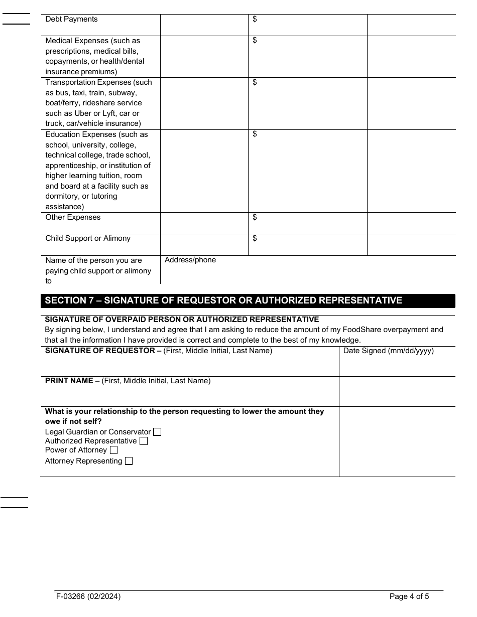 Form F-03266 Request to Lower Your Foodshare Overpayment - Wisconsin, Page 4