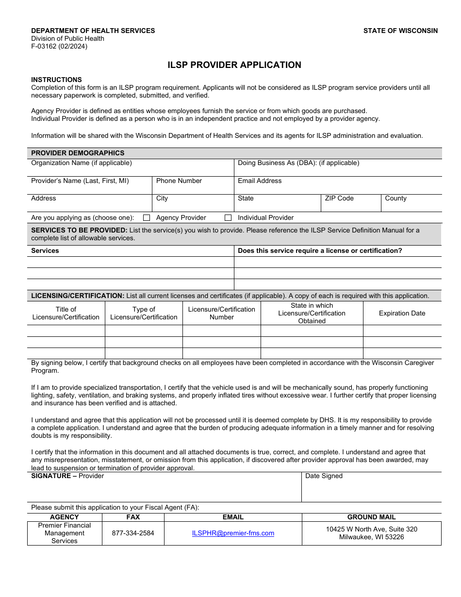 Form F-03162 Ilsp Provider Application - Wisconsin, Page 1