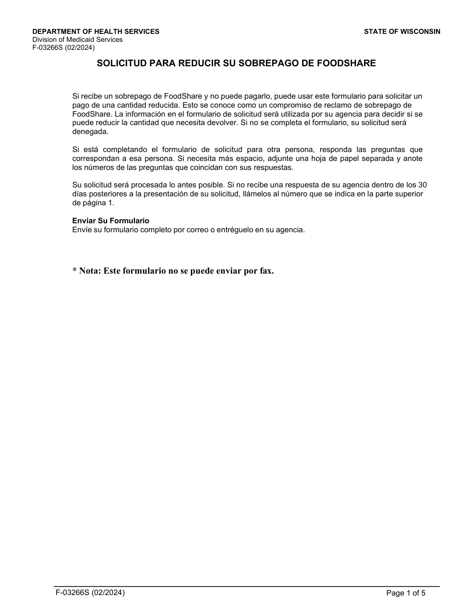 Formulario F-03266S Solicitud Para Reducir Su Sobrepago De Foodshare - Wisconsin (Spanish), Page 1
