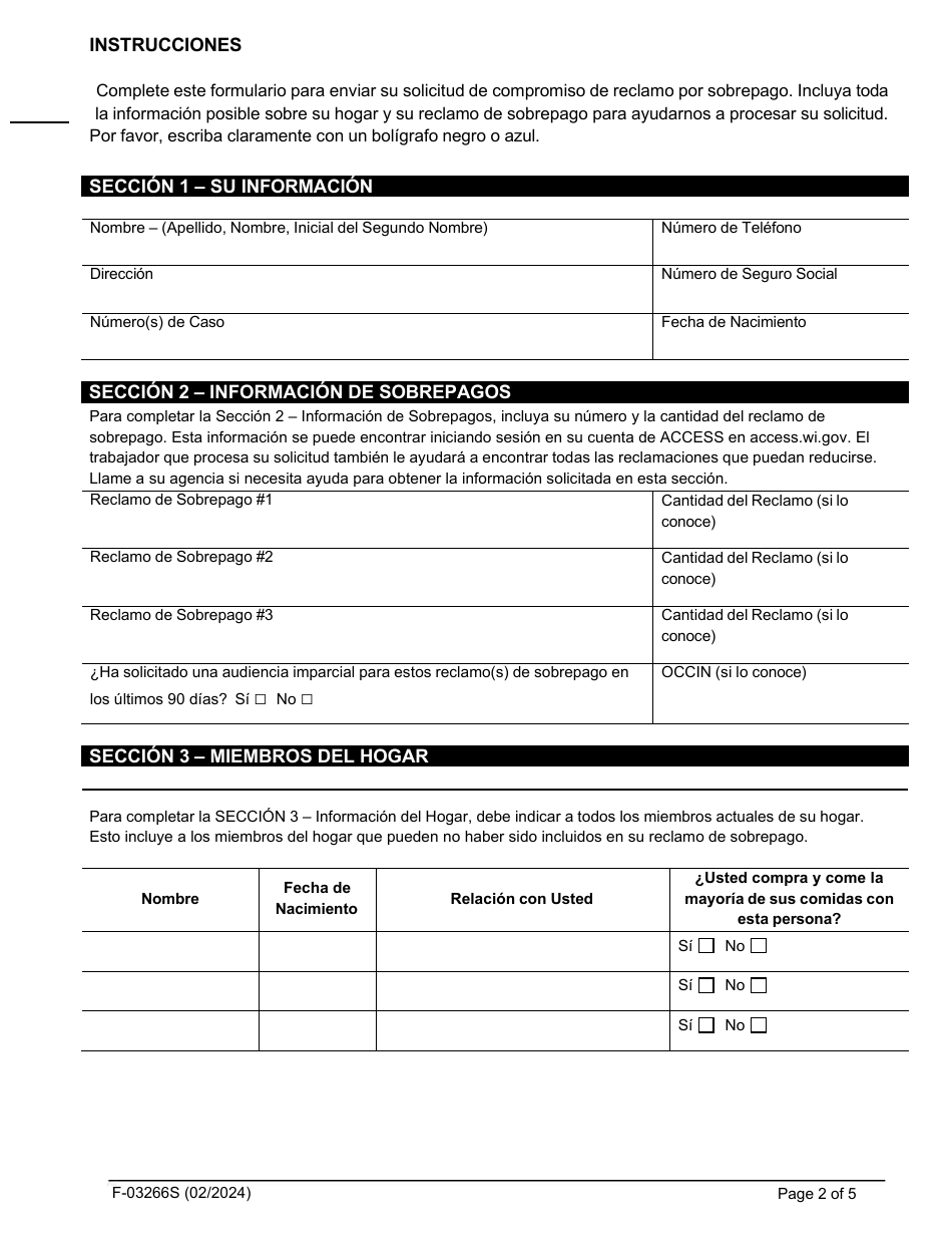 Formulario F-03266S Solicitud Para Reducir Su Sobrepago De Foodshare - Wisconsin (Spanish), Page 2