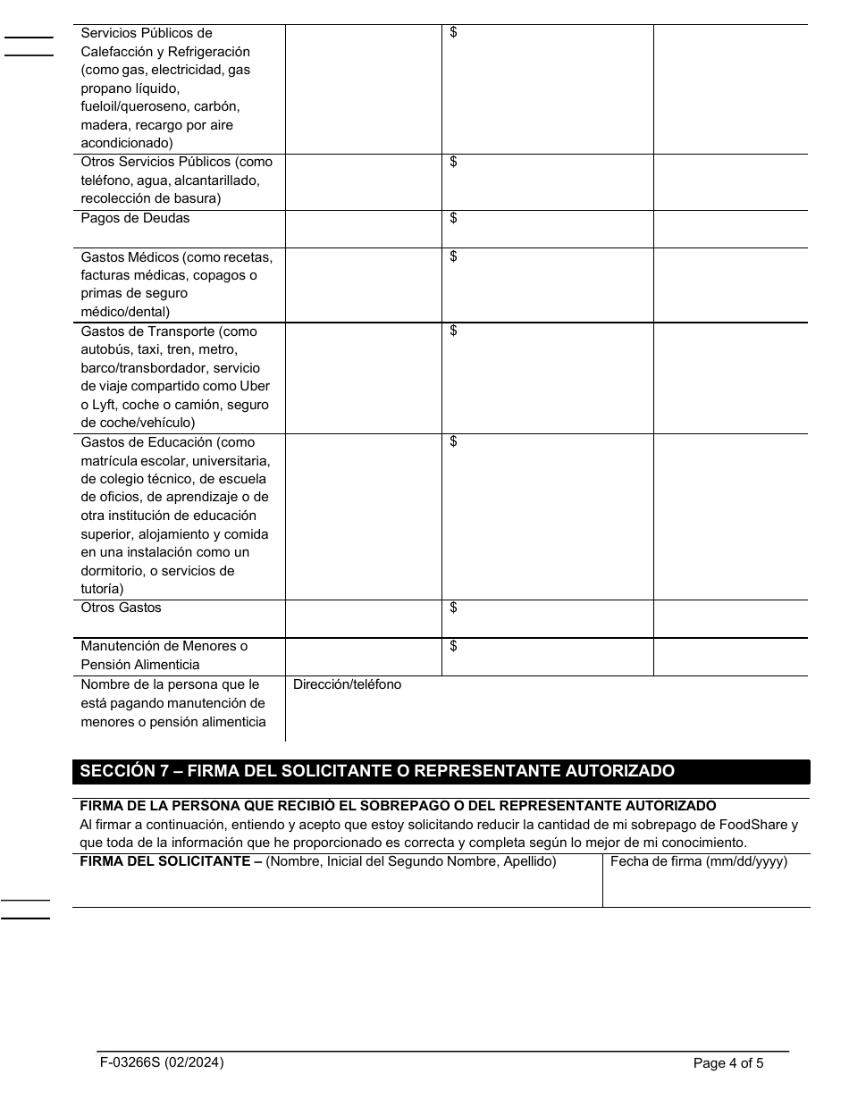 Formulario F-03266S Solicitud Para Reducir Su Sobrepago De Foodshare - Wisconsin (Spanish), Page 4
