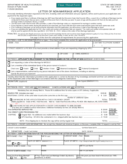 Form F-05260 Letter of Non-marriage Application - Wisconsin
