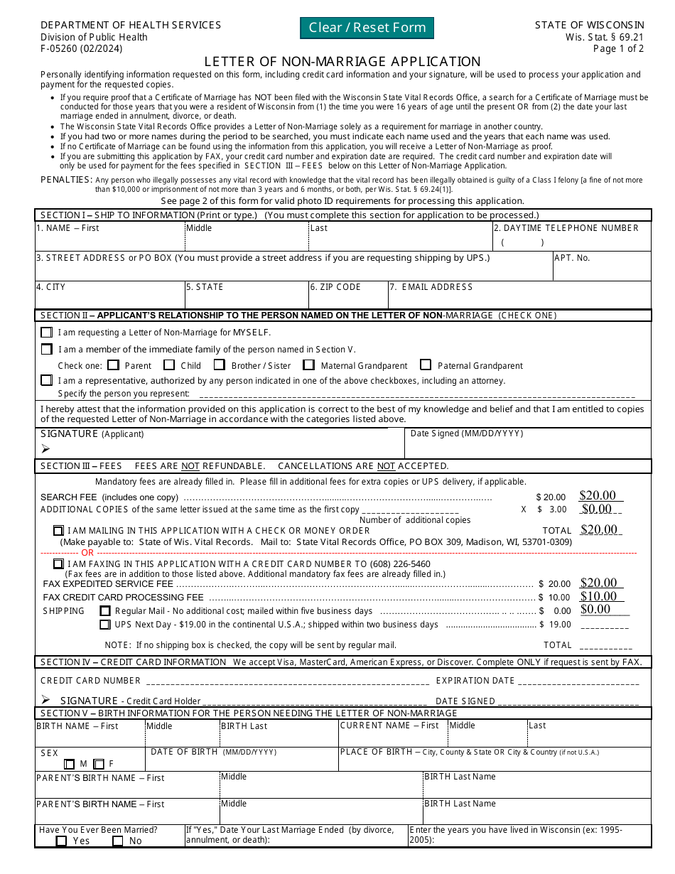 Form F-05260 Letter of Non-marriage Application - Wisconsin, Page 1