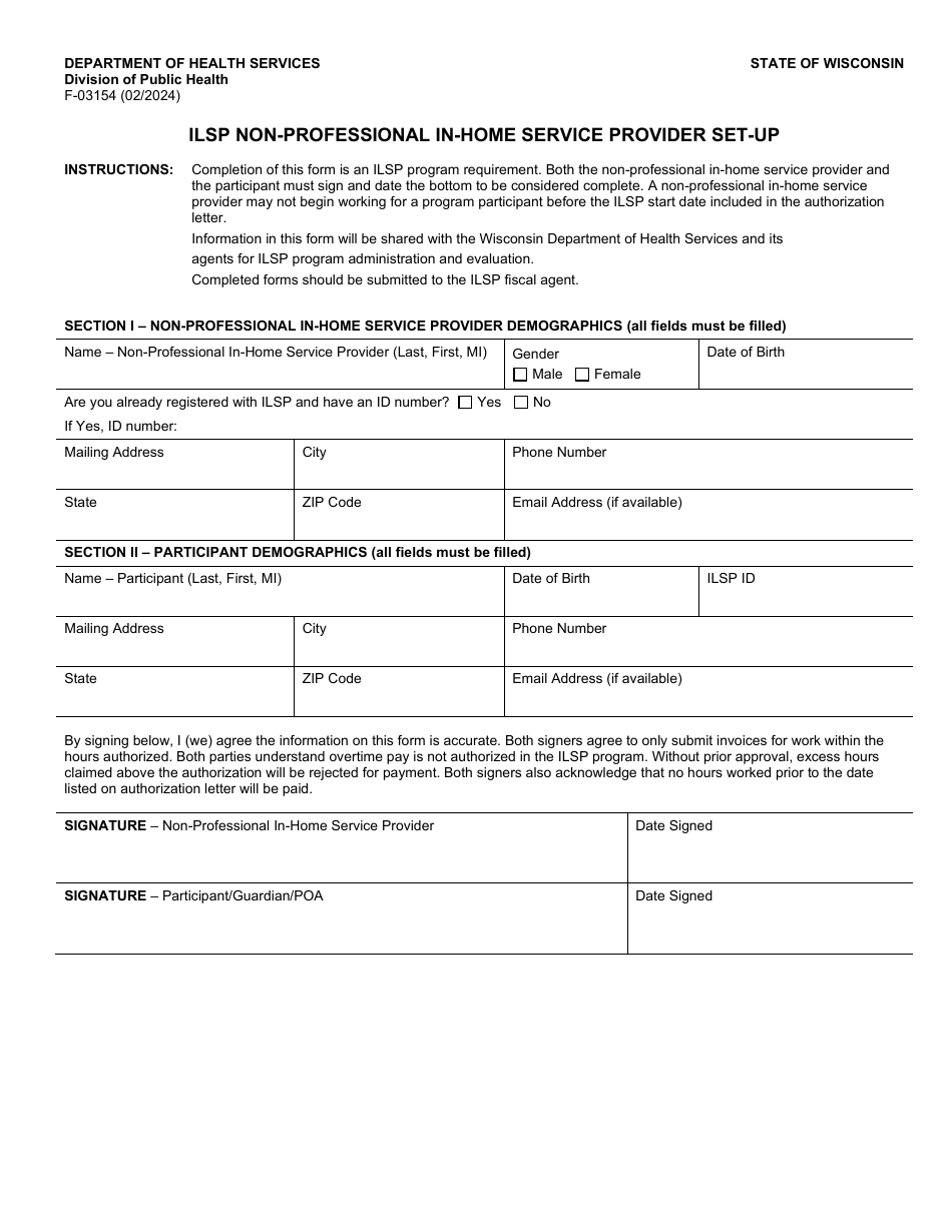 Form F-03154 Ilsp Non-professional in-Home Service Provider Set-Up - Wisconsin, Page 1