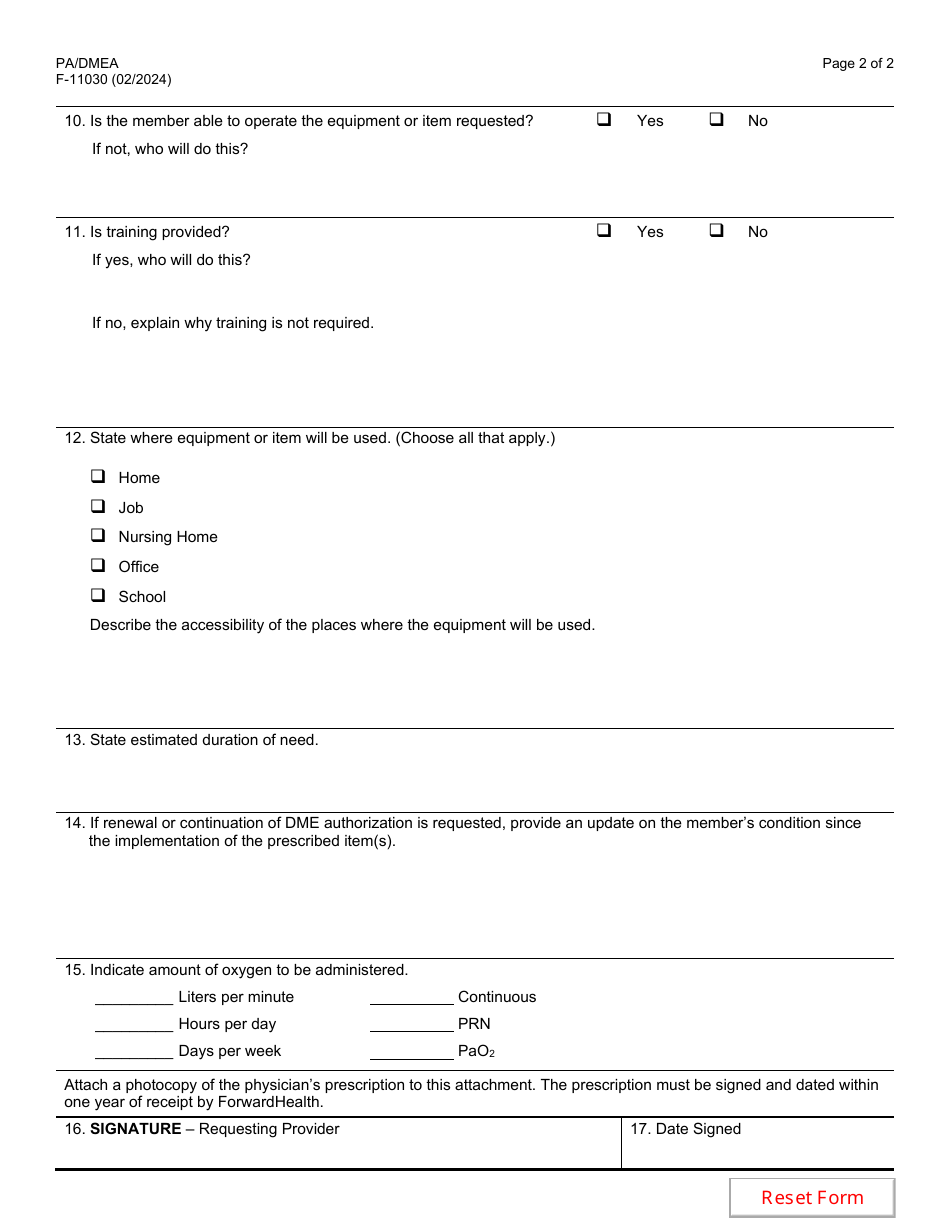 Form F-11030 Prior Authorization / Durable Medical Equipment Attachment (Pa / Dmea) - Wisconsin, Page 2
