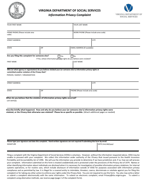 Information Privacy Complaint - Virginia Download Pdf