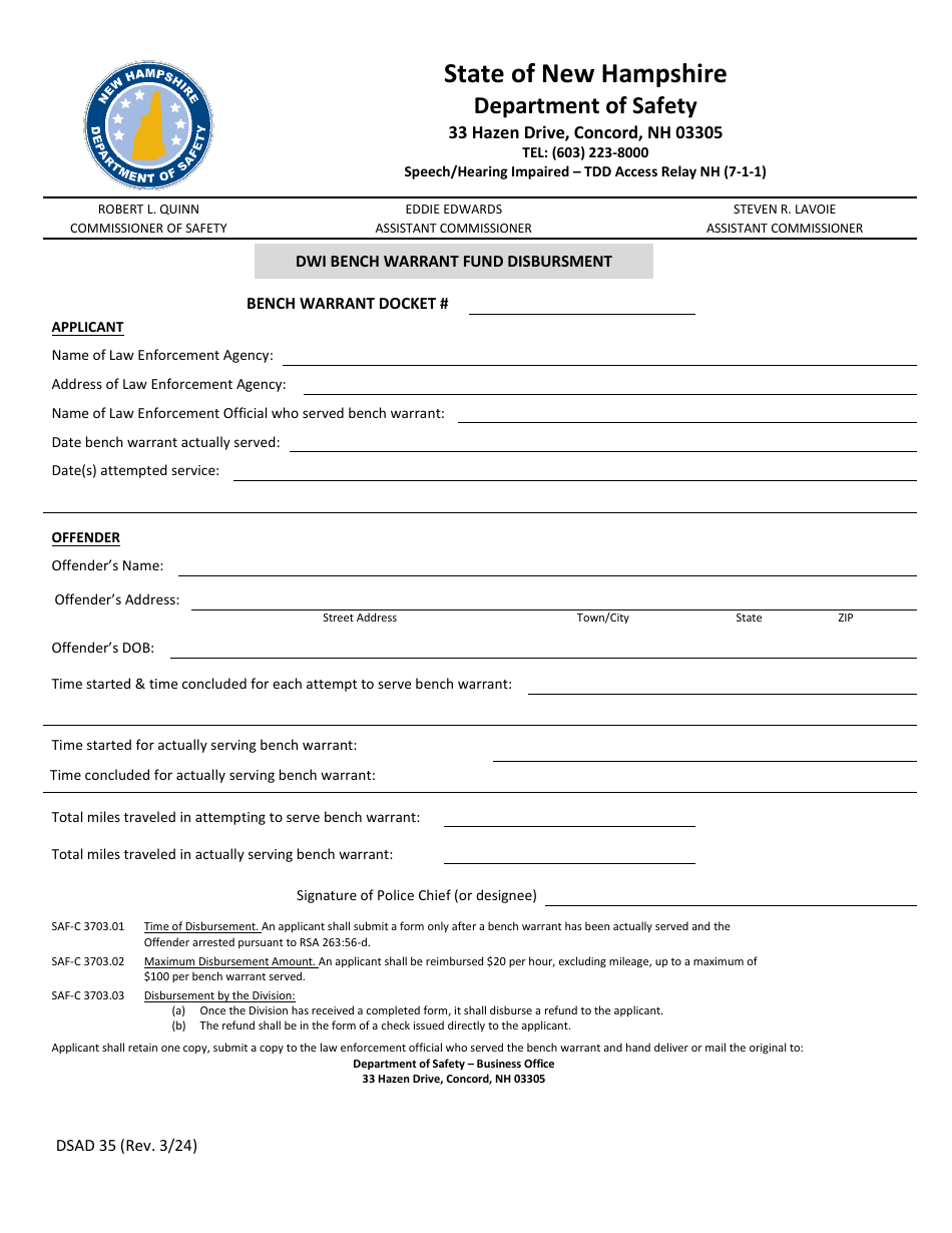 Form DSAD35 Dwi Bench Warrant Fund Disbursment - New Hampshire, Page 1
