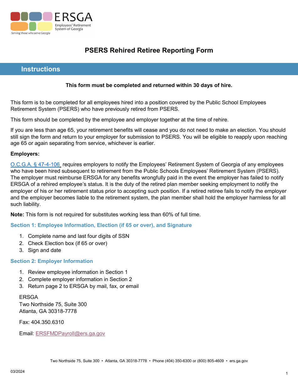 Form G4-PRS Psers Rehired Retiree Reporting Form - Georgia (United States), Page 1
