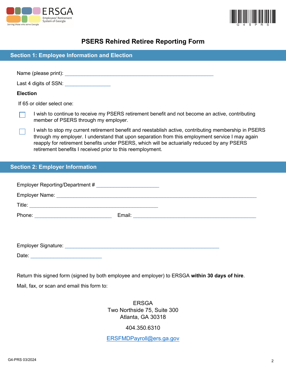 Form G4-PRS Psers Rehired Retiree Reporting Form - Georgia (United States), Page 2