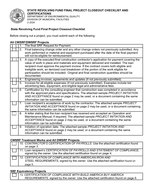 State Revolving Fund Final Project Closeout Checklist and Certifications - North Dakota