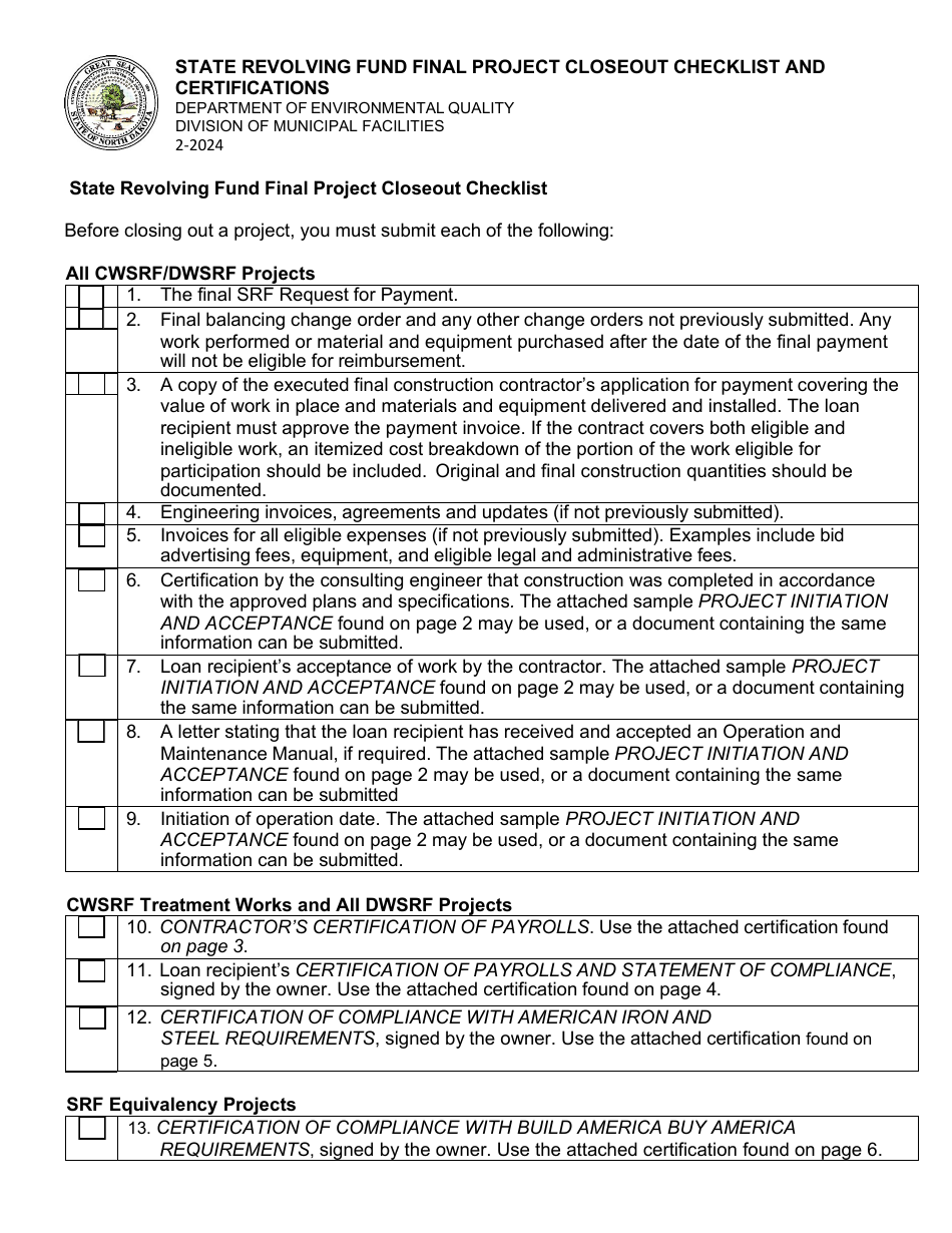 North Dakota State Revolving Fund Final Project Closeout Checklist and(02)